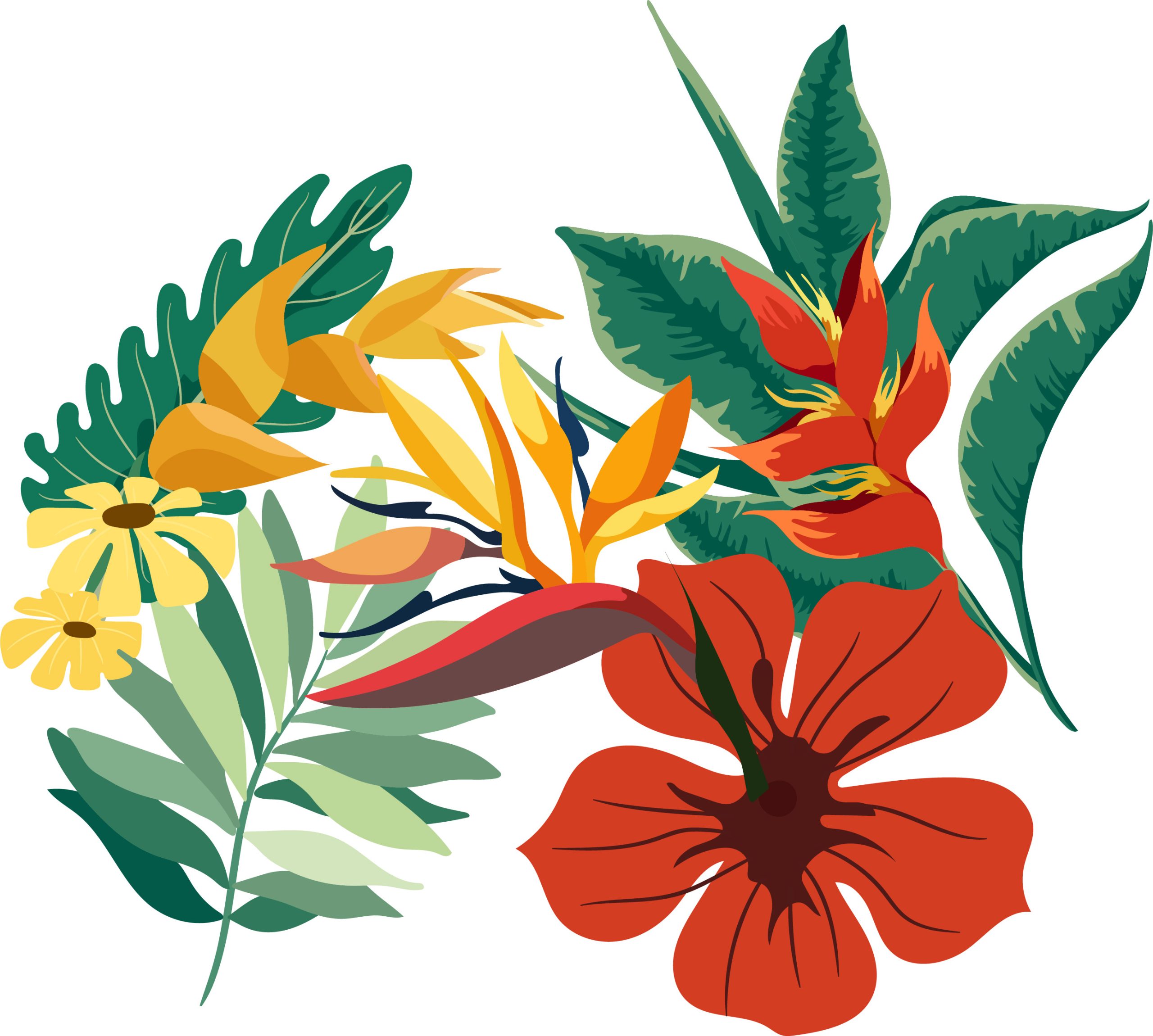 Illustrazione di fiori tropicali, con colori sgargianti che ricordano mete estive